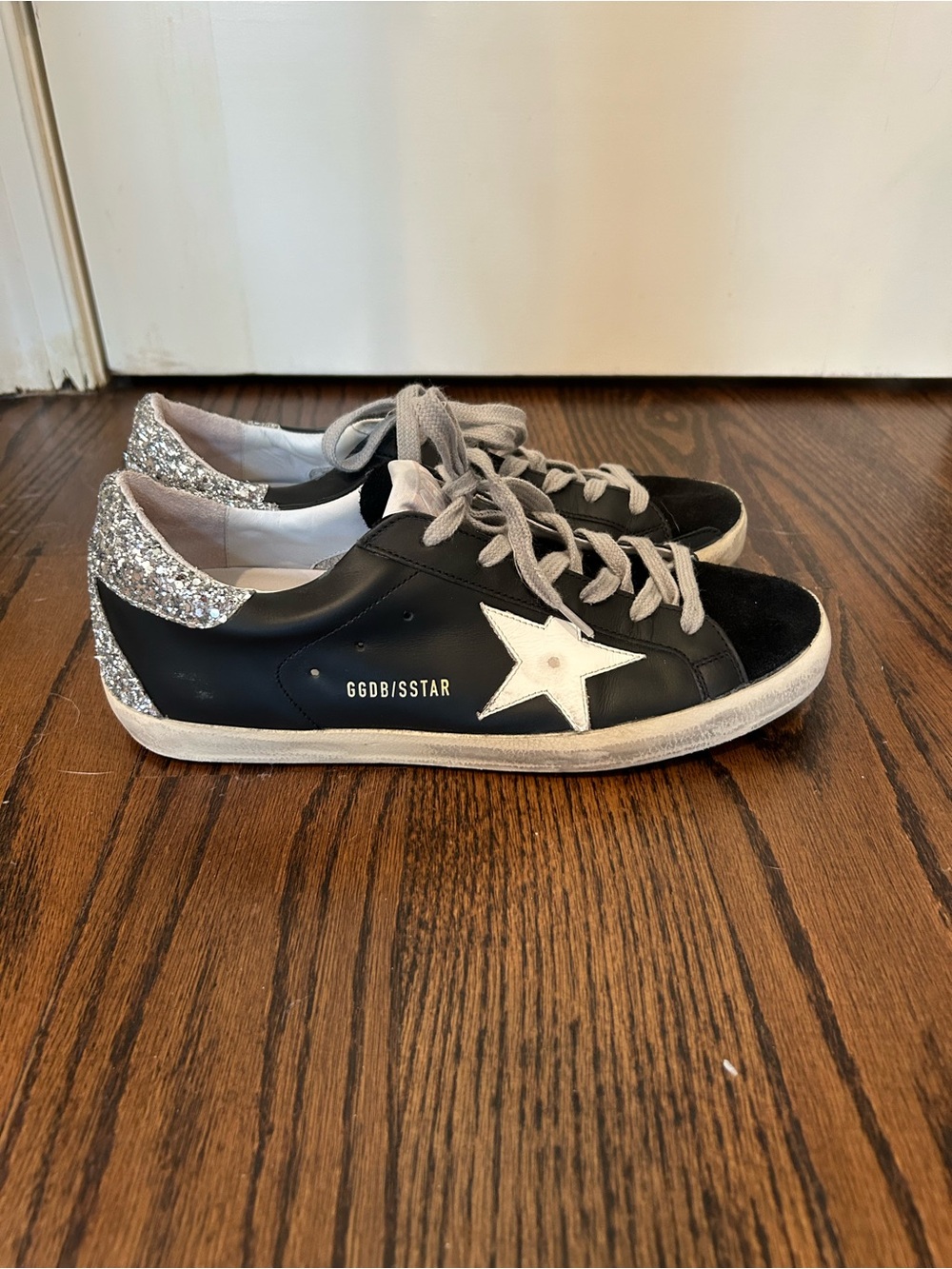 Golden Goose Black Sneakers with White Star and Silver Glitter Heel